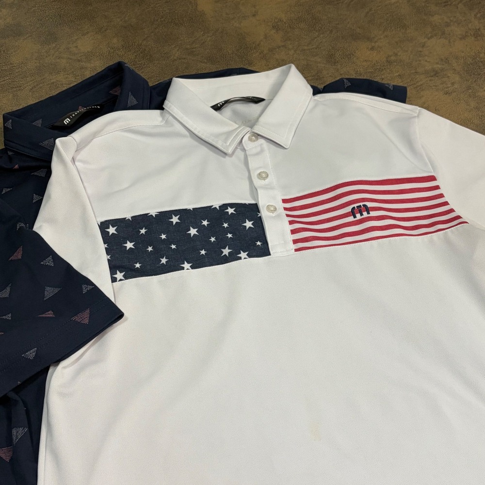TravisMathew Polo Shirt Mens Medium White Navy Blue Patriotic Geometric Lot of 2